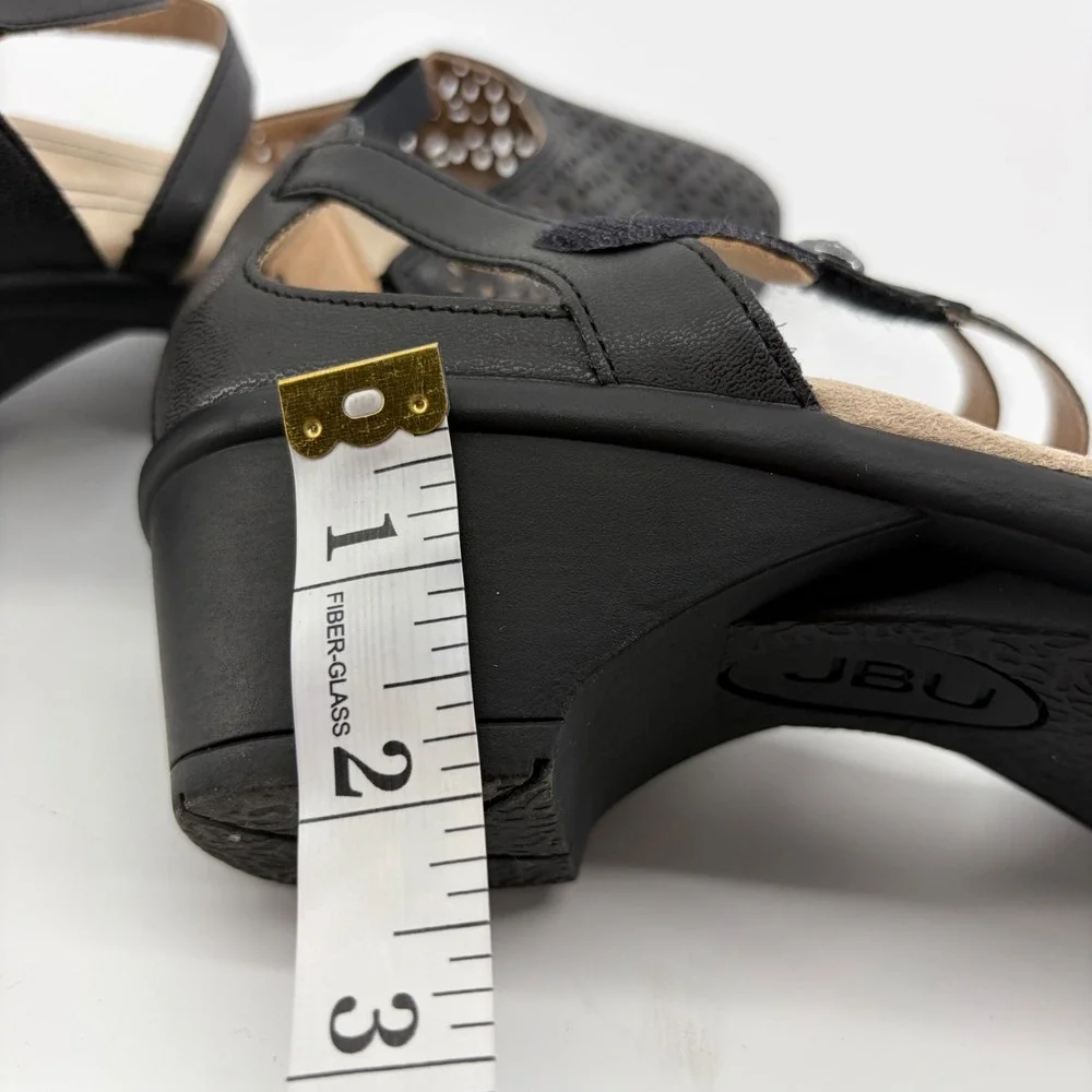 JBU Womens 9.5W Black Bethany Wide Mary Jane Floral Laser Cut Wedge Sandals
